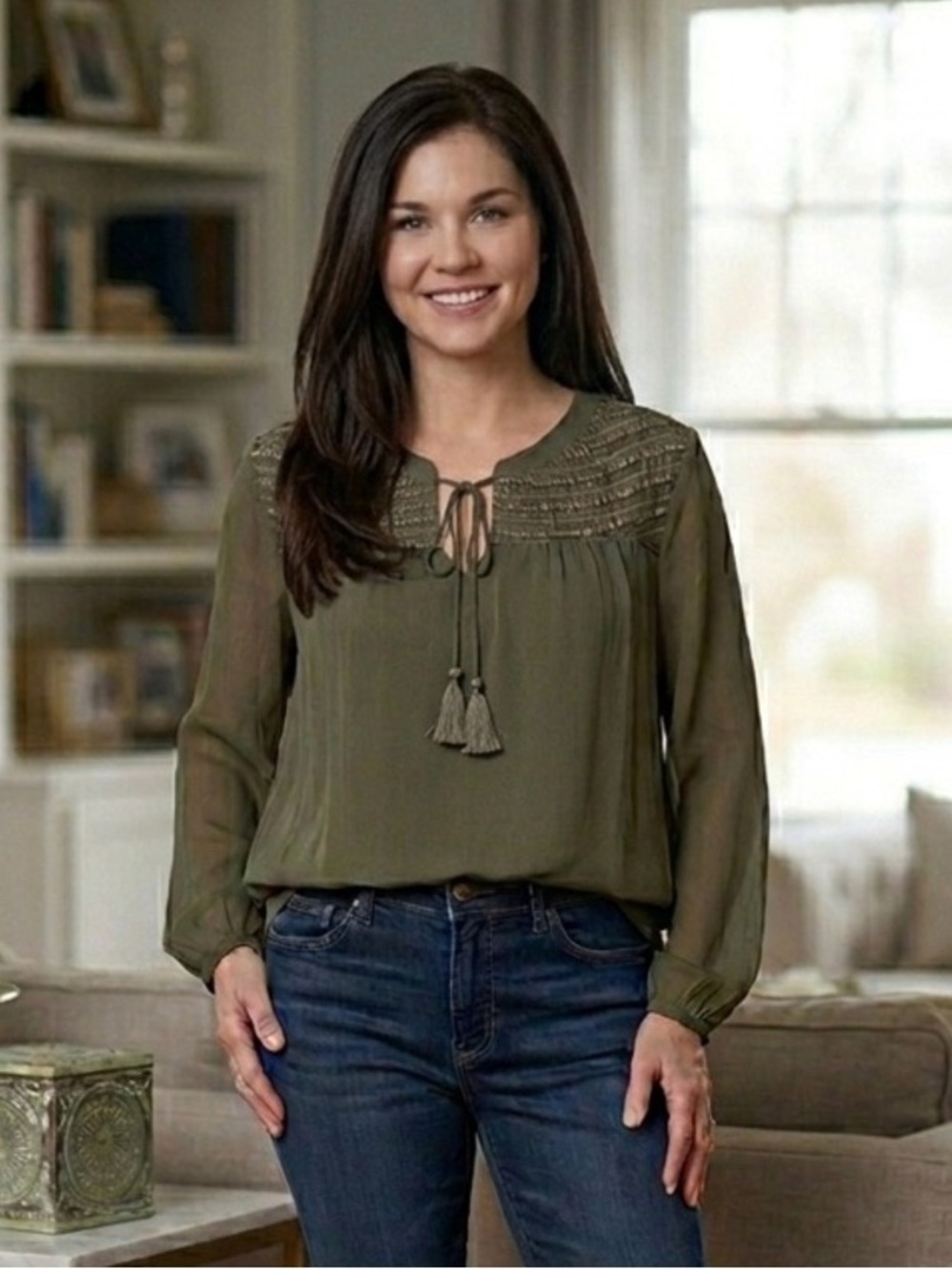 Chico’s Embroidered Yoke Soft Popover Long Sleeve Blouse Olive Green 3X NWT